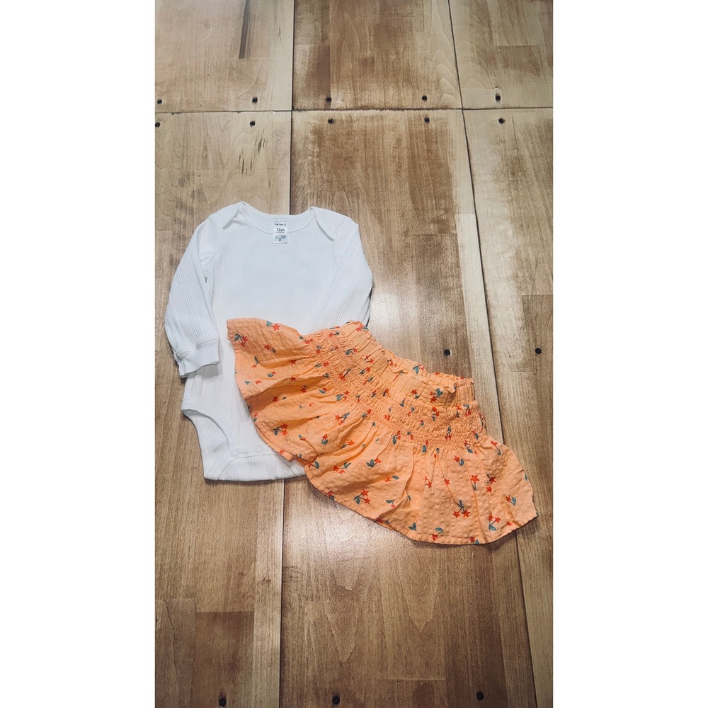 White Long Sleeve Bodysuit and‎ Peach Star Skirt Bundle 12M